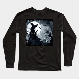 Dark Watercolor Witch in Forest Long Sleeve T-Shirt